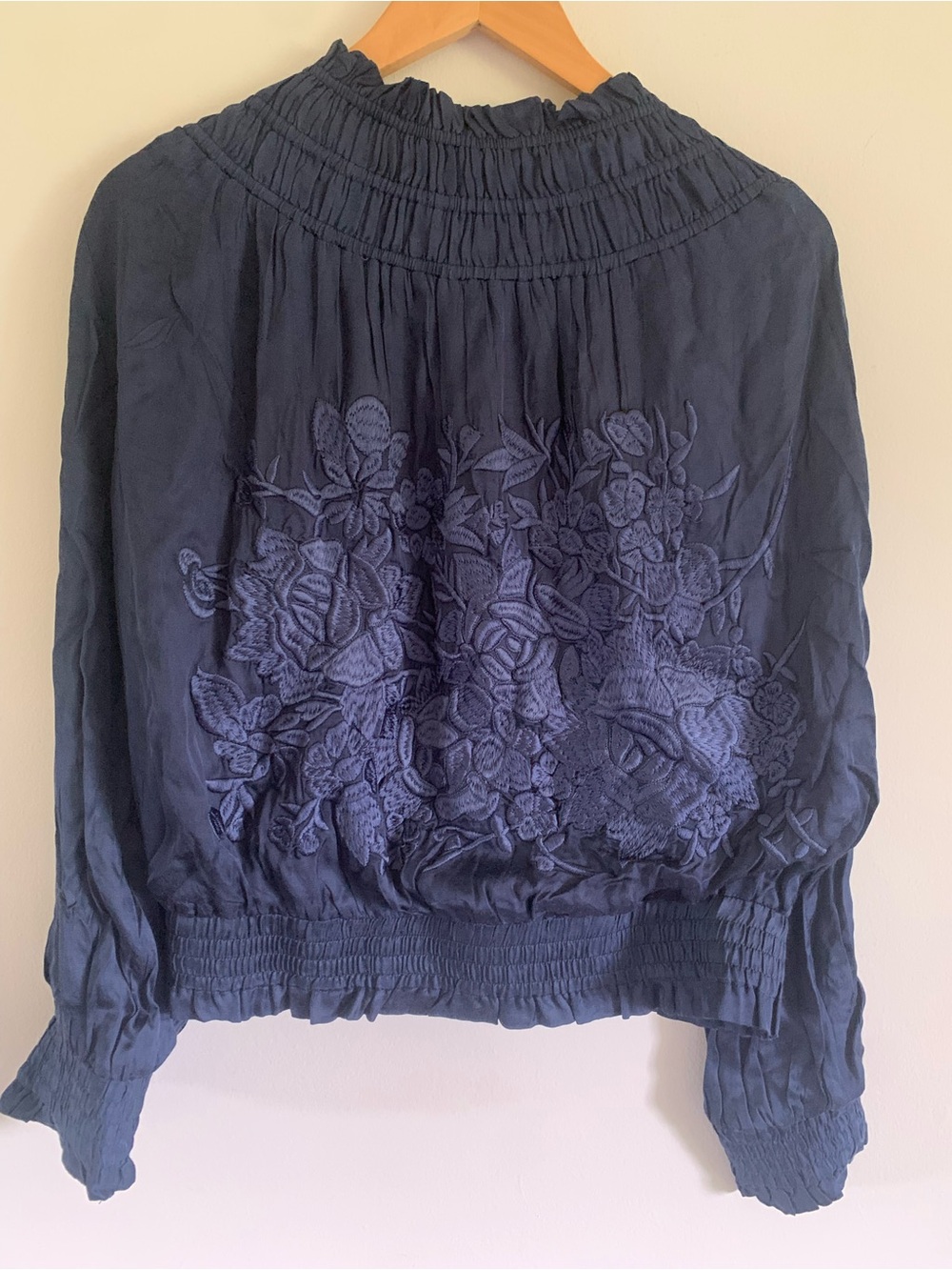 Anthropologie Love Sam Blue Alexe Floral Embroidered Zip Bomber Jacket, Large